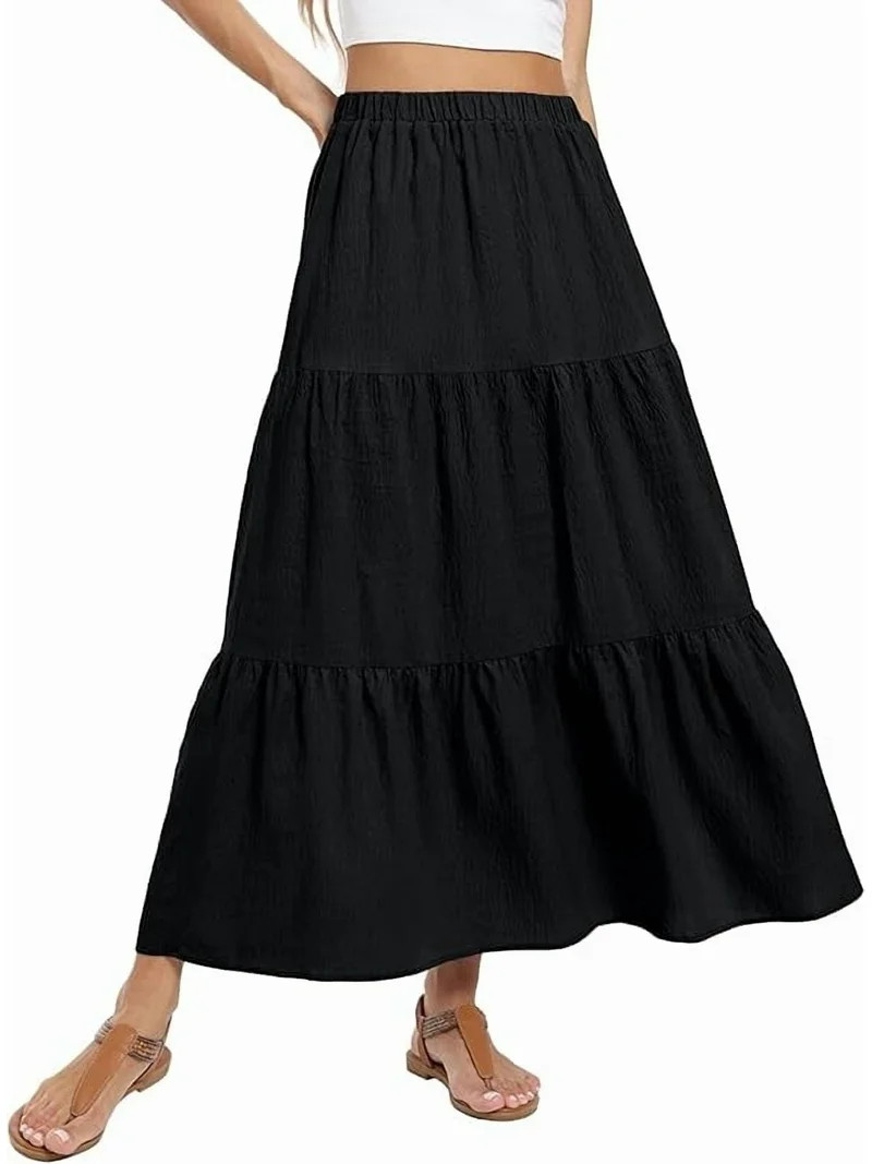 JWD Summer Maxi Skirt for Women Boho Lightweight Flowy Tiered Long Beach Skirts with Pockets Blac... | Walmart (US)