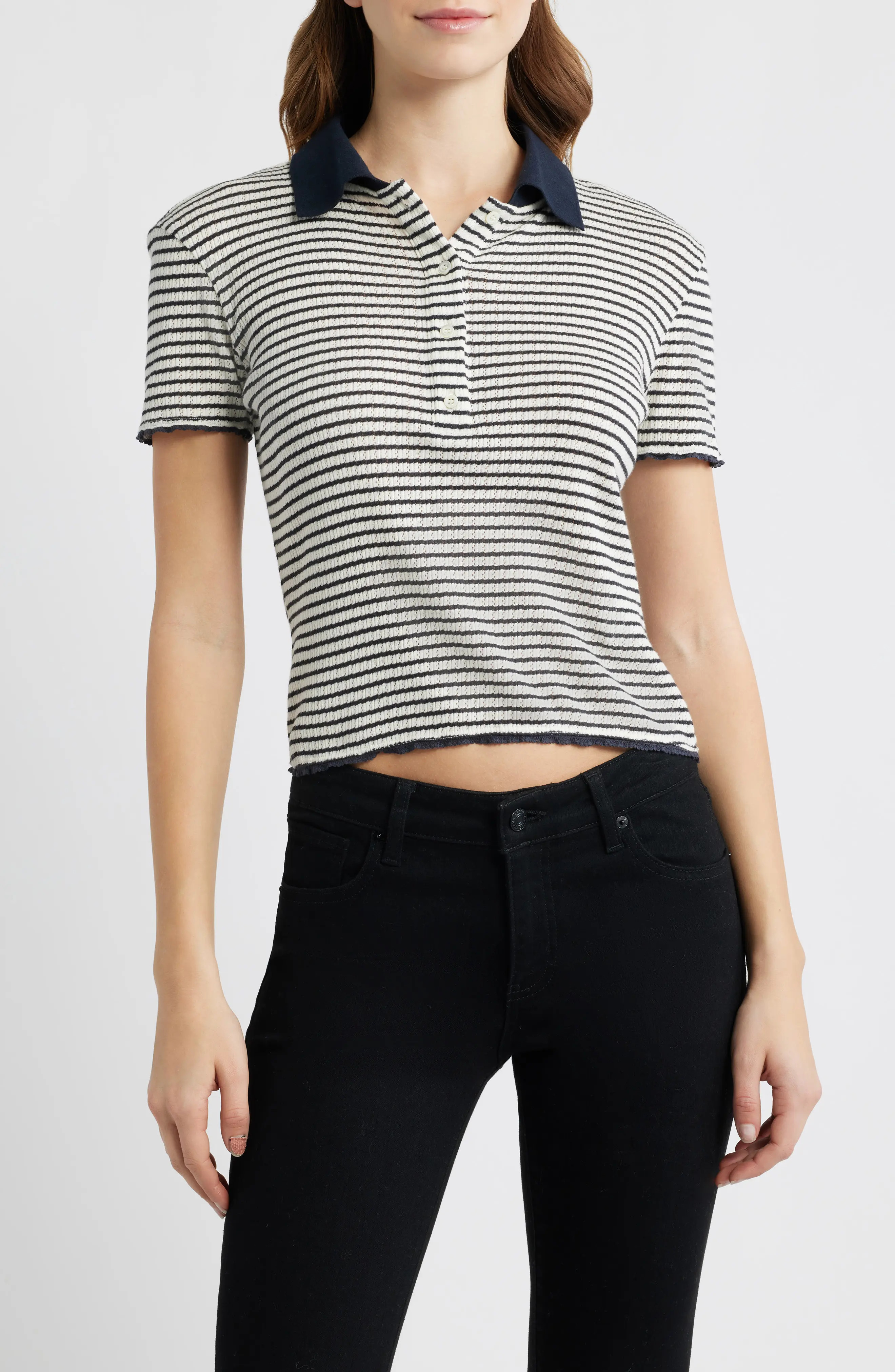 FRAME Stripe Crop Pointelle Polo in Navy Multi at Nordstrom, Size Small | Nordstrom