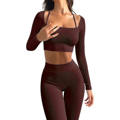 ABOCIW Workout Sets for Women Long Sleeve Seamless Ribbed Strap Detail Crop Top High Waist Leggings 2 Piece Yoga Gym Activewear Set # Brown Large | Amazon (US)