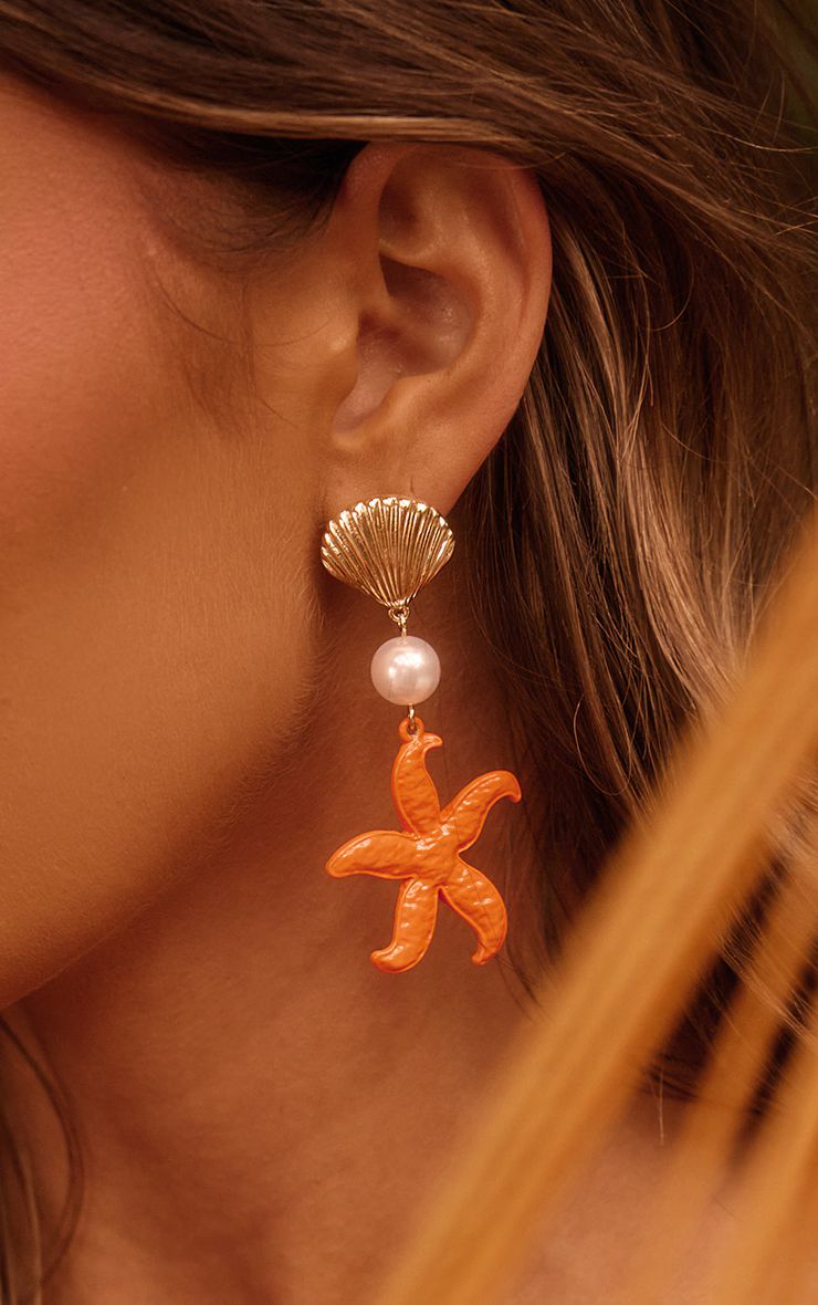Orange Shell & Starfish Detail Statement Earrings | PrettyLittleThing US