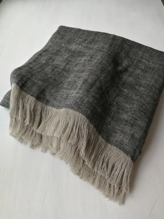 Double sided linen blanket, fringed linen blanket, linen throw, black grey beige linen blanket, natu | Etsy (US)