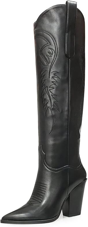 ISNOM Women's Western Boots Knee High Boots, Cowboy Cowgirl Embroidered Chunky Block Heel Pointed... | Amazon (US)
