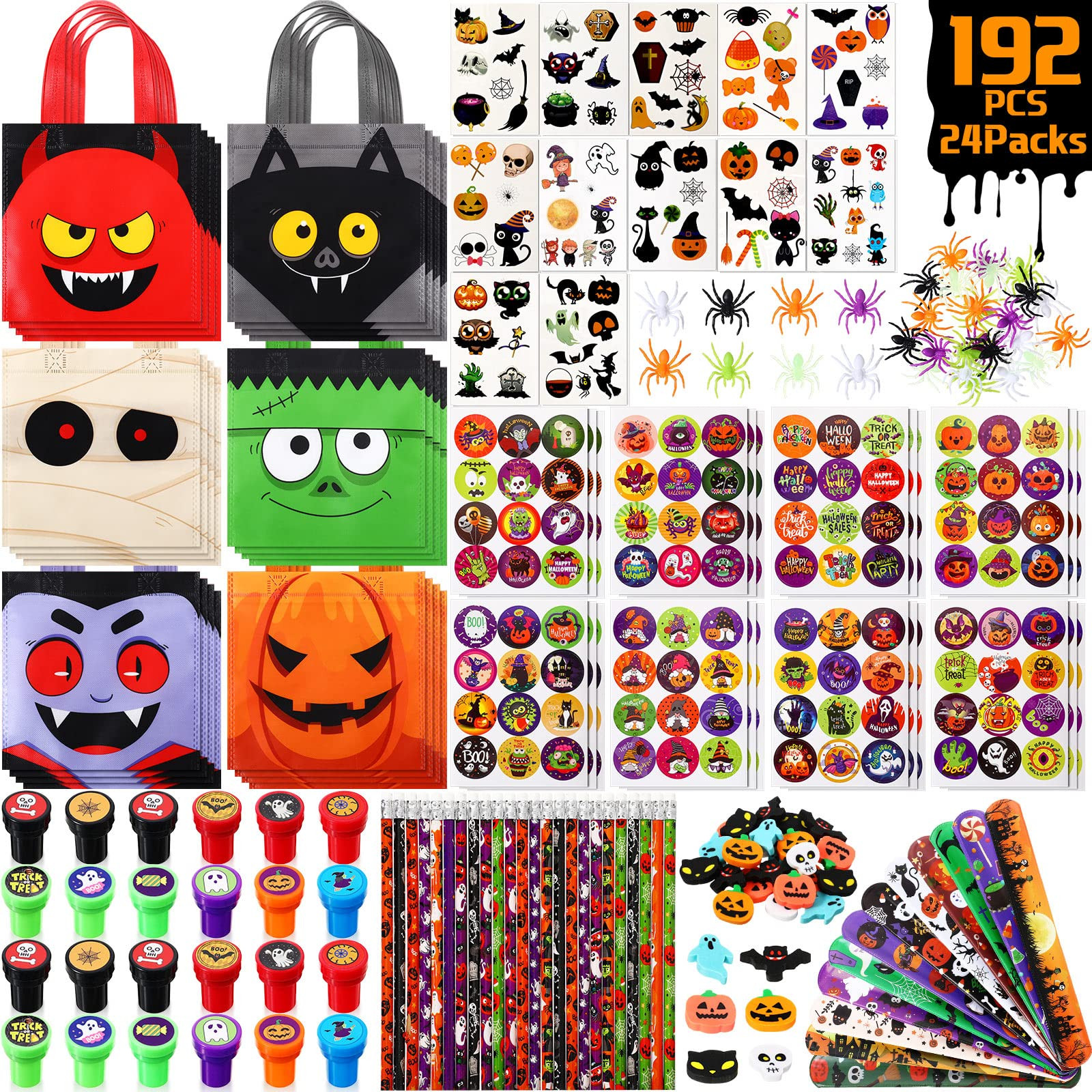 192 Pieces Halloween Party Favors Set 24 Pack Halloween Stationery for Kids Treat Toy Goody Bag F... | Amazon (US)