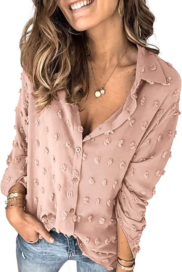 Sidefeel Womens V Neck Chiffon Blouse Pom Pom Long Sleeve Button Shirt Tops | Amazon (US)