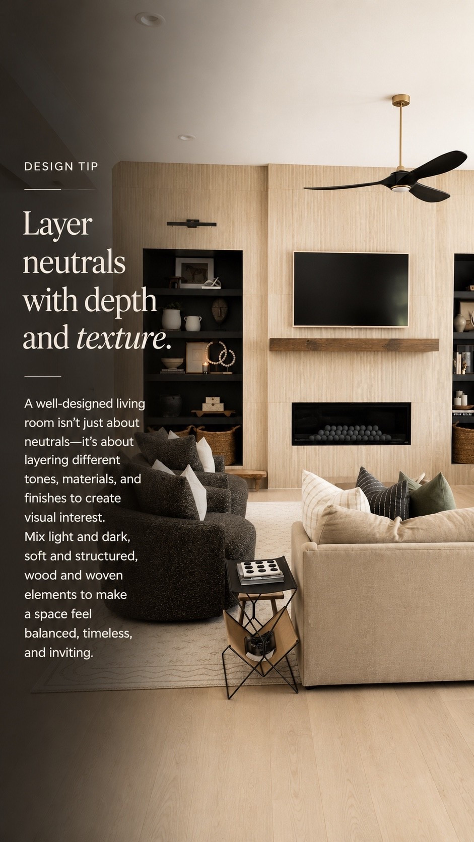 A neutral living room doesn’t have to feel flat. 🤎 The secret is layering contrast, texture, and warm natural tones to create depth. In this living room, creamy upholstered furniture and a neutral area rug are balanced with charcoal accent chairs, black built-in bookshelves, warm wood, woven baskets, and layered throw pillows. Mixing light and dark elements is one of my favorite interior design tricks for creating a warm, collected, timeless home. Shop my favorite living room furniture, sofas, accent chairs, throw pillows, area rugs, living room decor, neutral home decor, bookshelf styling, lighting, and interior design finds to get the look. 🤍