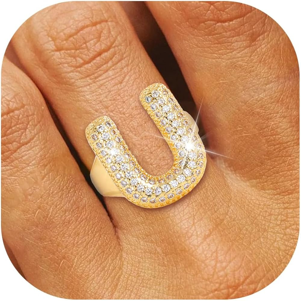 Gold Initial Rings for Women Chunky Gold Rings Gold Filled Ring Adjustable Bubble Letter Ring Sta... | Amazon (US)