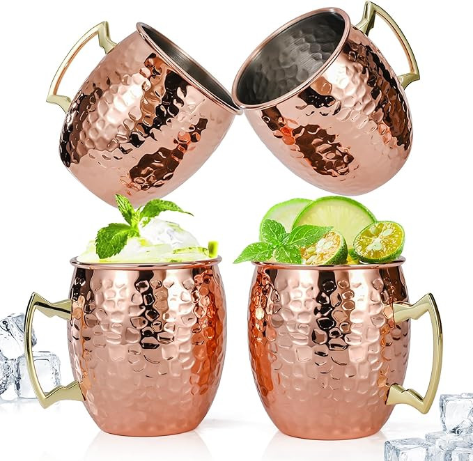 Moscow Mule Mugs Set of 4, 16 OZ Hammered Copper Cups with 304 Stainless Steel Lining and Gold Br... | Amazon (US)