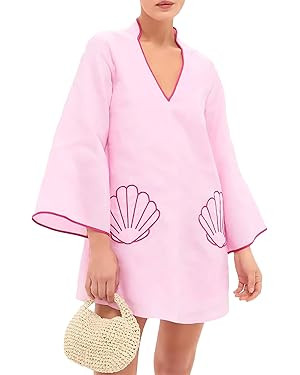 Women Shell Embroidery Beach Cover Up Mini Dress V Neck 3/4 Bell Sleeves Loose Fit Babydoll Skirt... | Amazon (US)