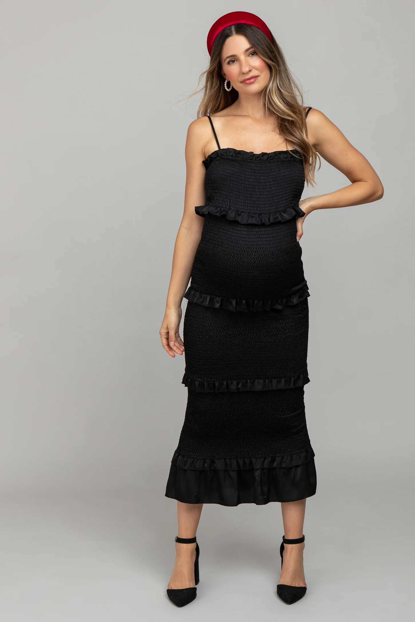 Black Satin Smocked Fitted Maternity Midi Dress | PinkBlush Maternity