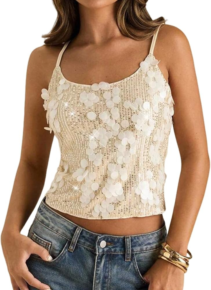 Women's Sparkly Sequin Tops Glitter Shiny Tank Top Going Out Spaghetti Strap Y2k Rave Tops Night ... | Amazon (US)