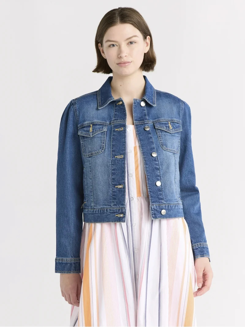 Free Assembly Women's Cropped Denim Jacket with Puff Sleeves, Sizes XS-XXL - Walmart.com | Walmart (US)