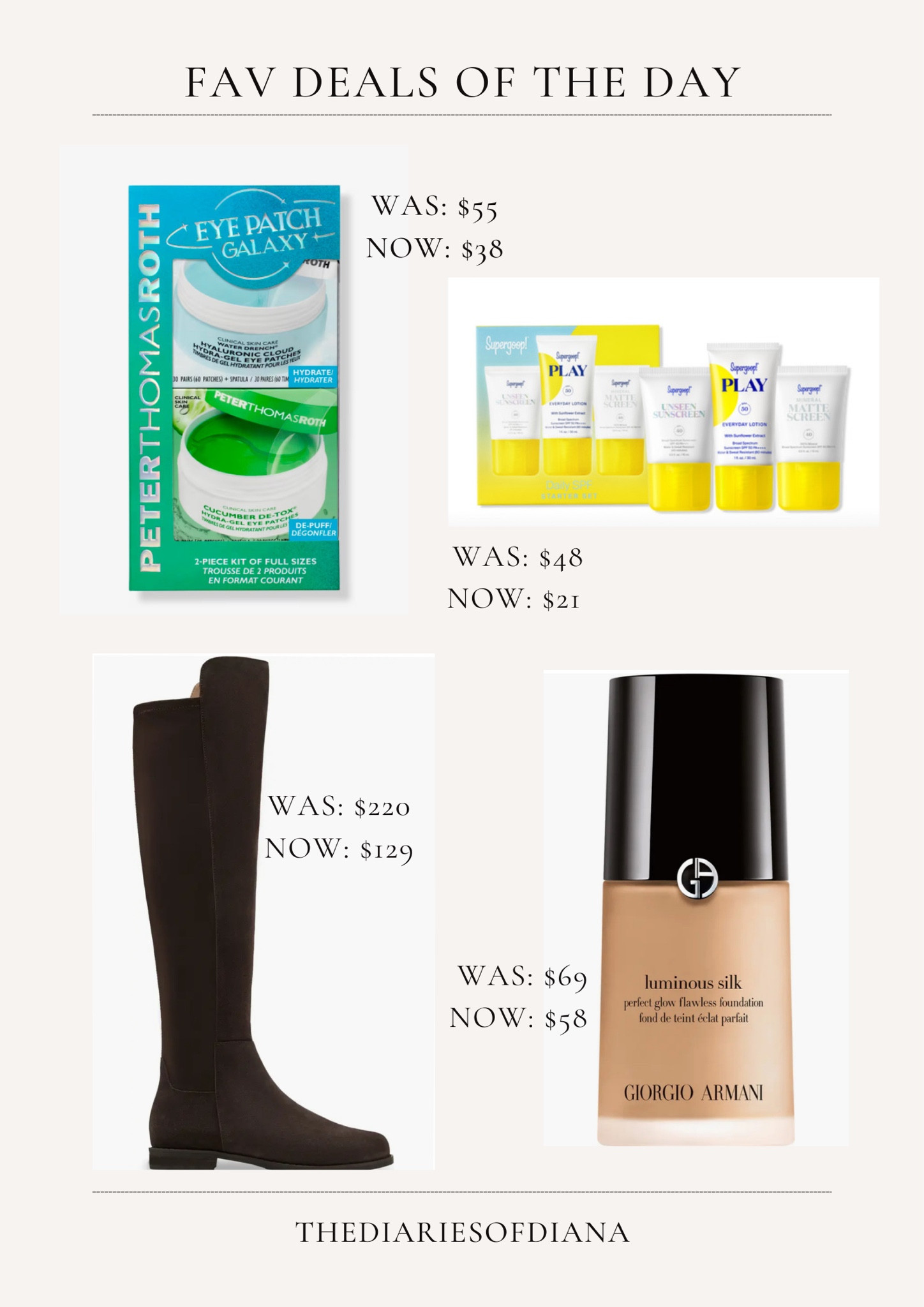 Great deals of the day. 
Ulta - Peter Thomas Roth eye patches 
Supergoop sunscreen, suede boots, Armani luminous silk foundation 

#LTKHoliday #LTKGiftGuide #LTKSaleAlert