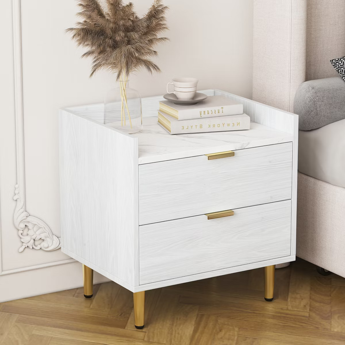 19.7" Wooden Nightstand with 2 Drawers and Marbling Worktop, Mordern End Table with Metal Legs & ... | Target