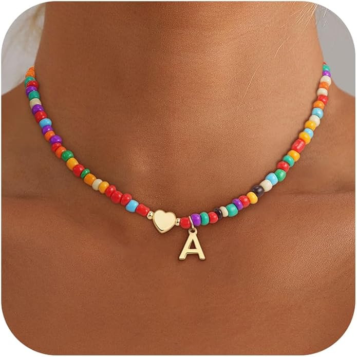 Valentines Day Gifts for Kids Women Girls - Colorful Beaded Initial Necklace Teen Girls Trendy St... | Amazon (US)