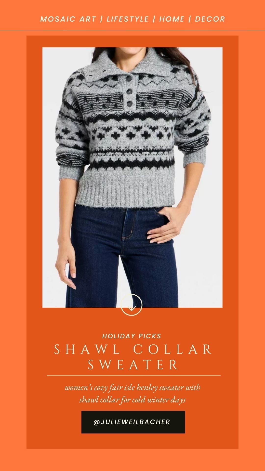Tho fair isle sweater looks so cozy…I especially love the shawl collar and henley style. The black and gray colors make this a great top with jeans, trousers, or a long skirt and boots. 

#fairisle #womenssweater #shawlcollar #blackandgraysweatet #collaredsweater #henleysweater #target #giftsforher #wintertop #knitsweater

#LTKFindsUnder50 #LTKSaleAlert #LTKGiftGuide