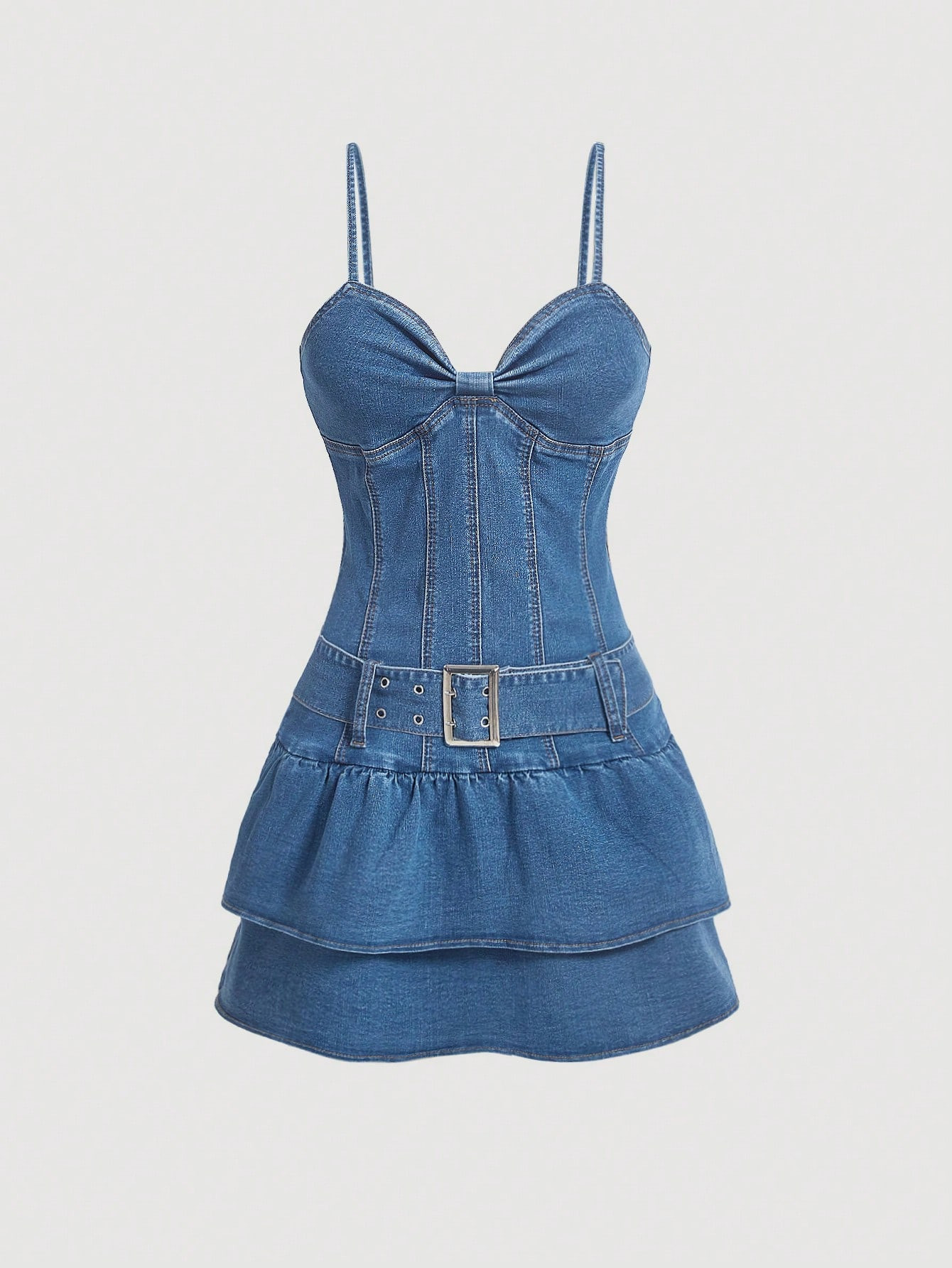 SHEIN MOD Ruffle Hem Belted Cami Denim Dress | SHEIN