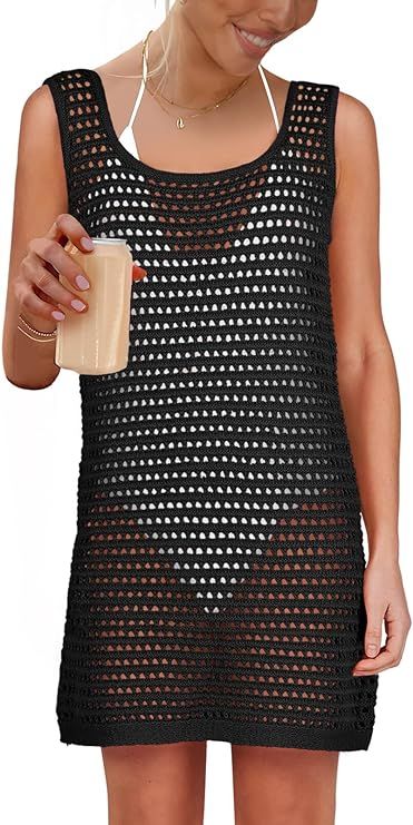 Caracilia Womens Swimsuit Cover Up Sleeveless Crochet Knit Bathing Suit Coverup 2024 Summer Mini ... | Amazon (US)
