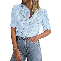 PRETTYGARDEN Womens 2026 Spring Lace Tops Short Puff Sleeve Casual Dressy Blouses Eyelet Crew Nec... | Amazon (US)