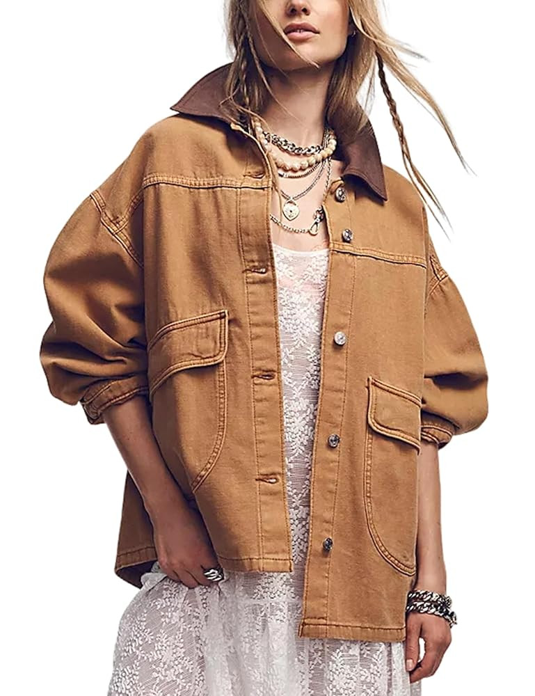Yeokou Women Oversize Denim Jacket Casual Button Down Jean Coat Long Sleeve Shacket Outfit with P... | Amazon (US)