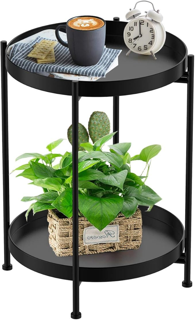 Round Side Table,Black Metal 2 Tier Tray Metal End Table for Sofa Living Room Tea Table Small Spa... | Amazon (CA)