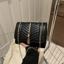 Personality Metallic Tassels Decor Embossed Plaid Solid Color Pu Chain Shoulder Bag | SHEIN