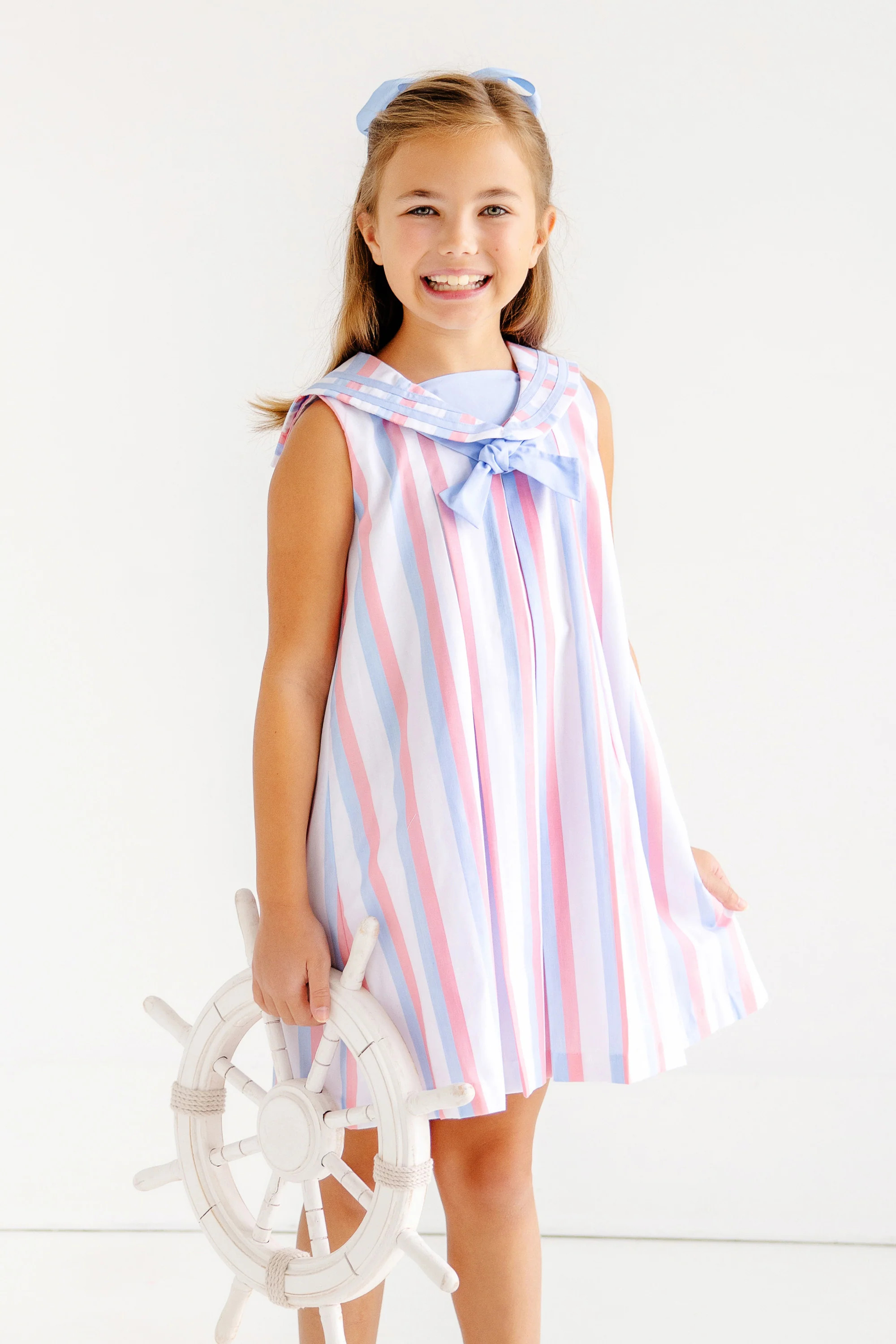 Cindy Sailor Dress - New River Nautical Stripe with Parrot Cay Coral & Beale Street Blue | The Beaufort Bonnet Company
