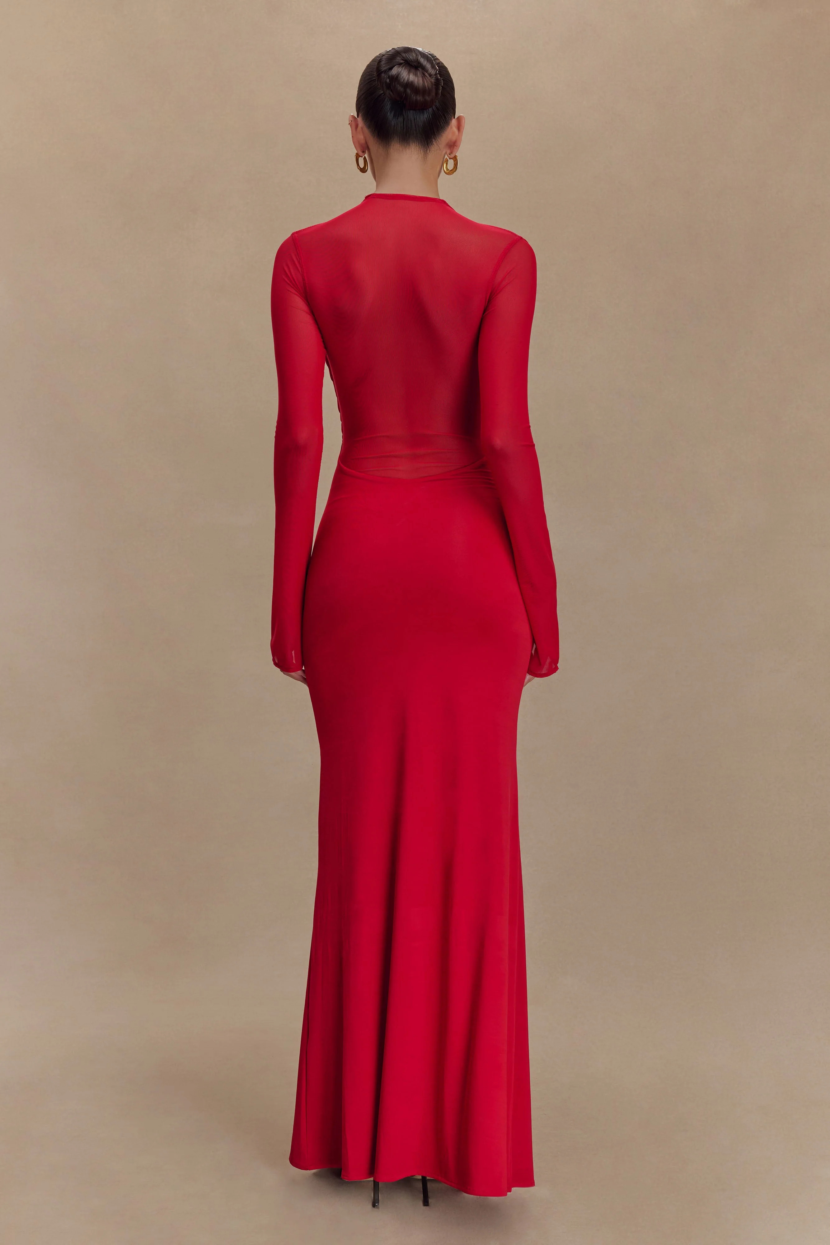 Tania Slinky And Mesh Long Sleeve Maxi Dress - Ruby | MESHKI US