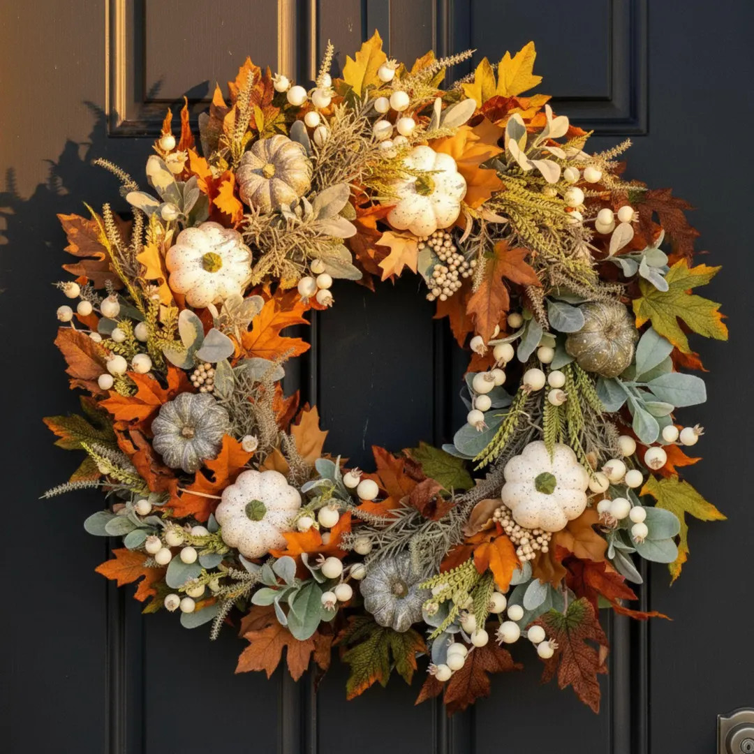 Fall Pumpkin Wreath: Maple Leaves, Berries, Eucalyptus - Autumn Harvest Decor (35-50cm) | Etsy (US)