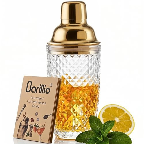 Barillio 14 oz Glass Cocktail Shaker - Gold | Cobbler Mixer with Built-In Strainer, Leak-Proof Clear Martini Shaker for Single-Serve Drinks | Amazon (US)