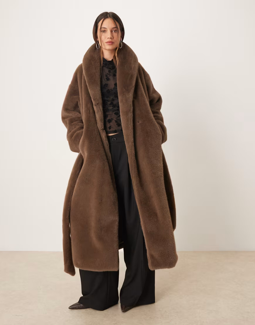 Gina Tricot faux fur belted long coat in soft brown | ASOS (Global)