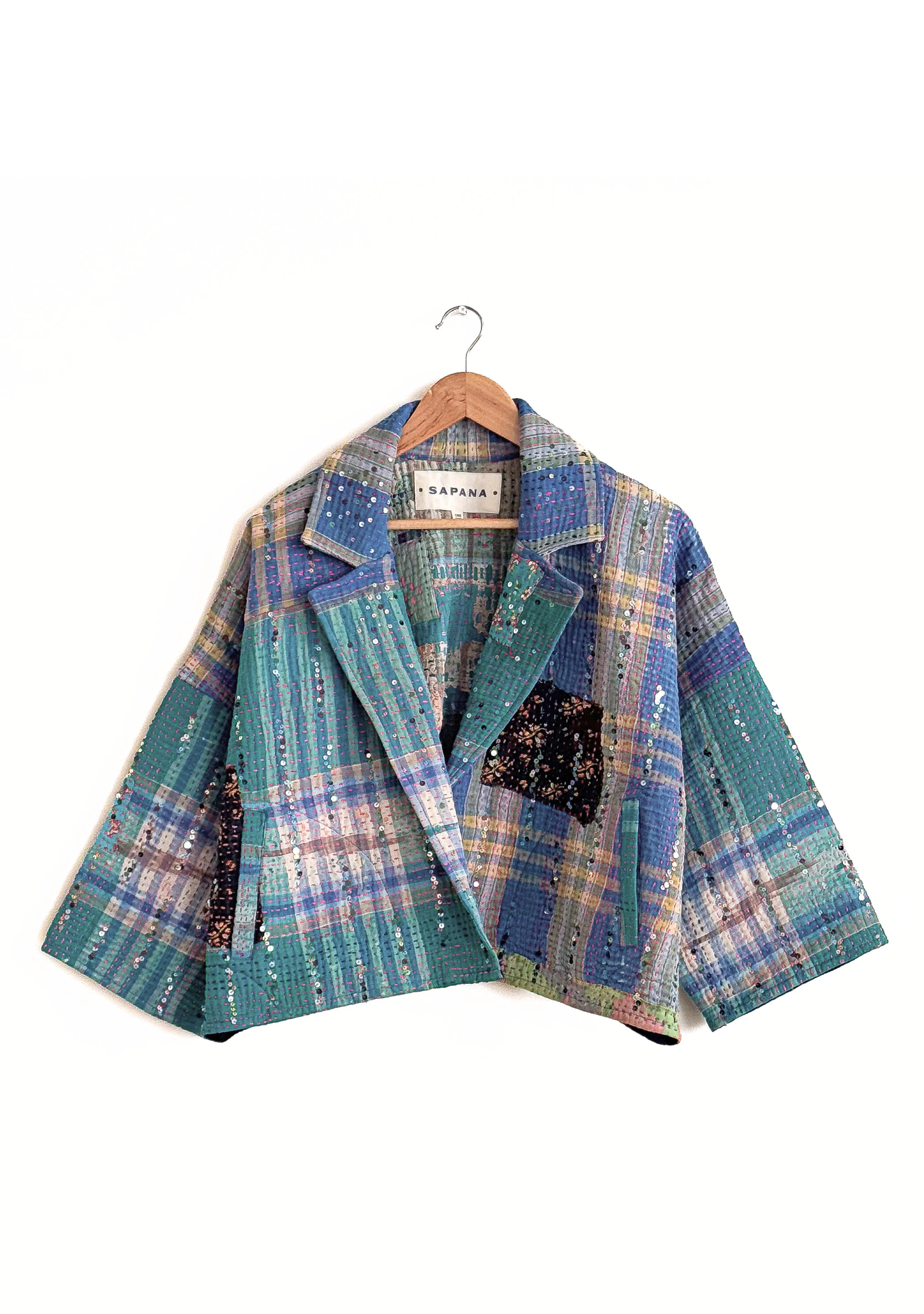 Tara Crop Jacket – Vintage Kantha Blanket Coat with Bell Sleeve & Sequin Detail | Sapana | Sapana