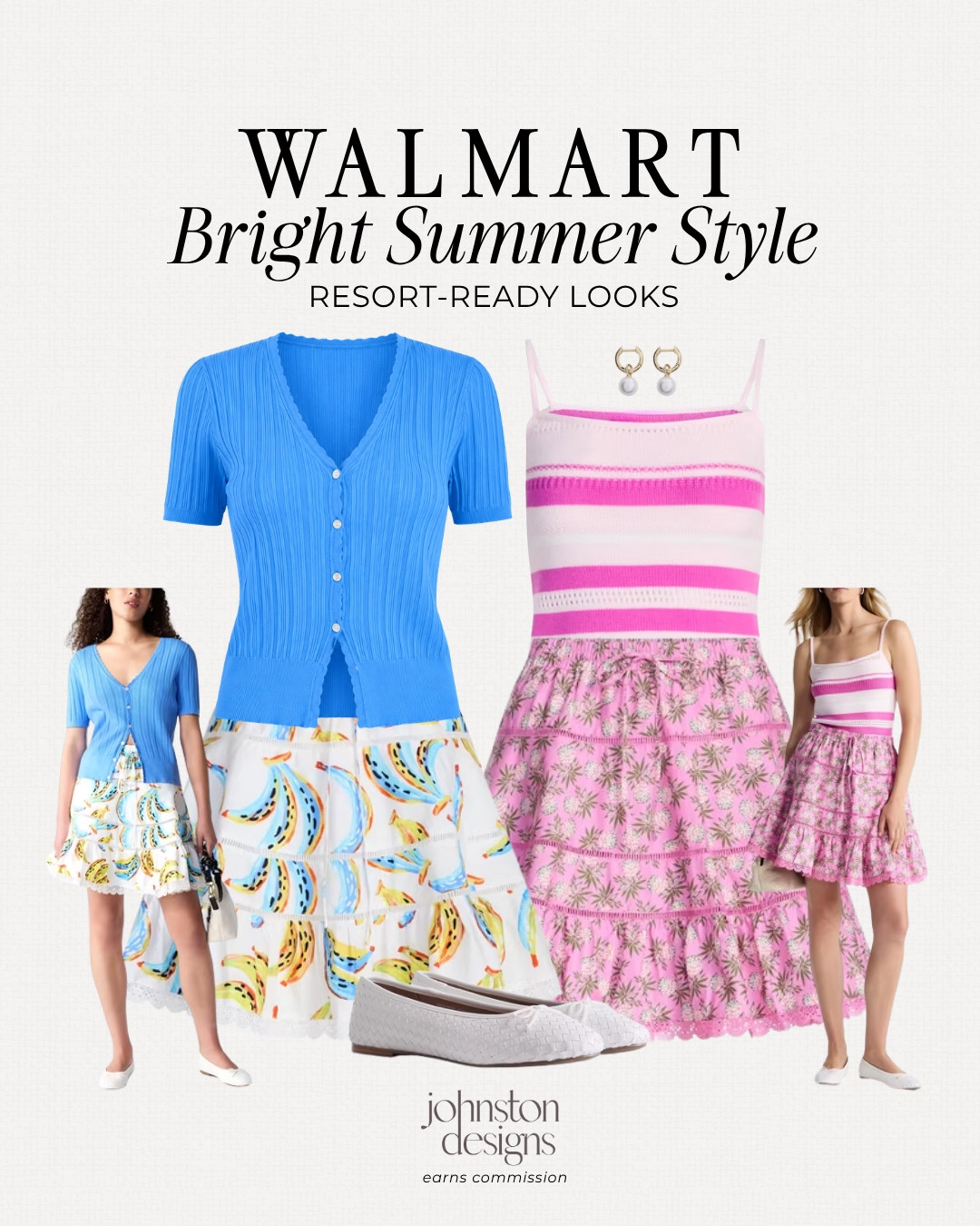 Walmart bright summer style 💙 These resort-ready looks are so fun for vacation, brunch, beach trips or warm weather weekend plans. Love the blue cardigan with the banana print skirt and the pink striped top with the floral skirt for a colorful summer outfit.

Walmart fashion finds, walmart summer outfit, bright summer style, resort ready looks, walmart vacation outfit, colorful summer outfit, blue cardigan, banana print skirt, pink striped top, floral skirt, white woven flats, summer skirt outfit, affordable fashion finds, walmart style, vacation style inspo 

 #LTKootd #LTKSeasonal