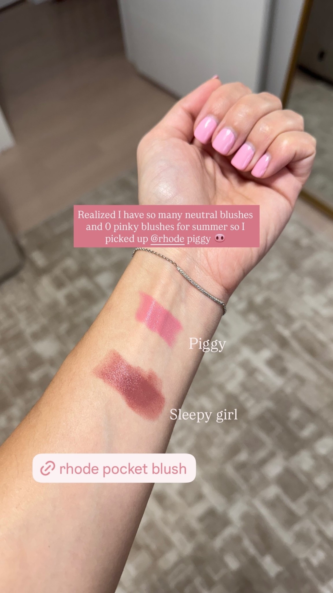 Realized I have so many neutral blushes and 0 pinky blushes for summer so I picked up @rhode piggy 🐽  Piggy Sleepy girl