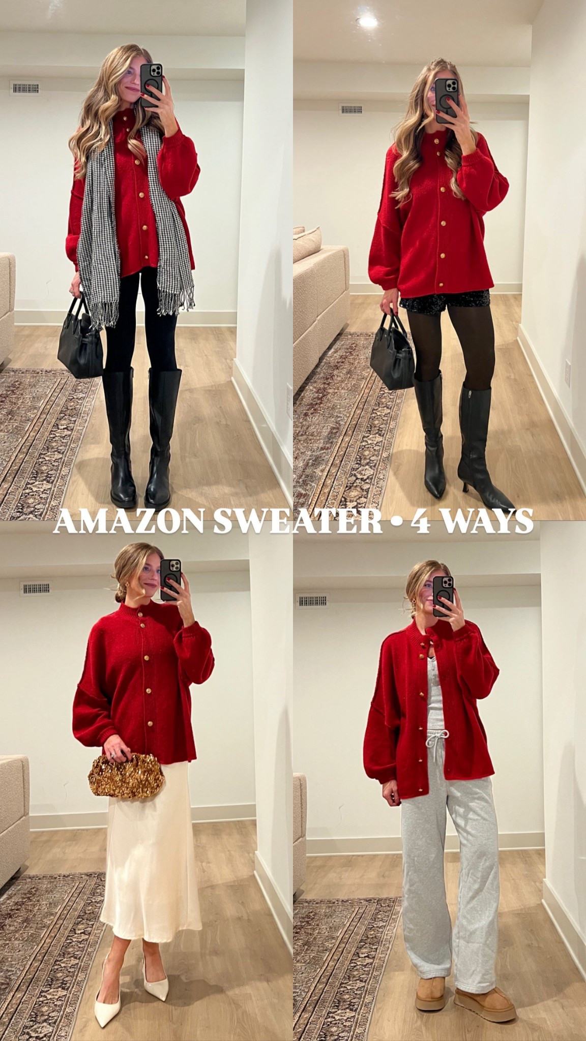 Ways to wear a red button up Amazon cardigan sweater. I got a size medium for length (I’m 5’11”) 
Small tall in leggings 
The “hose” I’m wearing in the second outfit are actually fleece lined leggings and give the effect of tights. Not see through! Tall sizes! 
Medium in satin skirt to bump. Stretchy waist and run tts 
Medium tall in lounge pants for bump
Medium in sequin shorts for bump




Red sweater, Christmas sweater, tall girl friendly, bump friendly, holiday outfits, New York outfits, Amazon finds, Amazon fashion 

#LTKHoliday #LTKFindsUnder50 #LTKTall