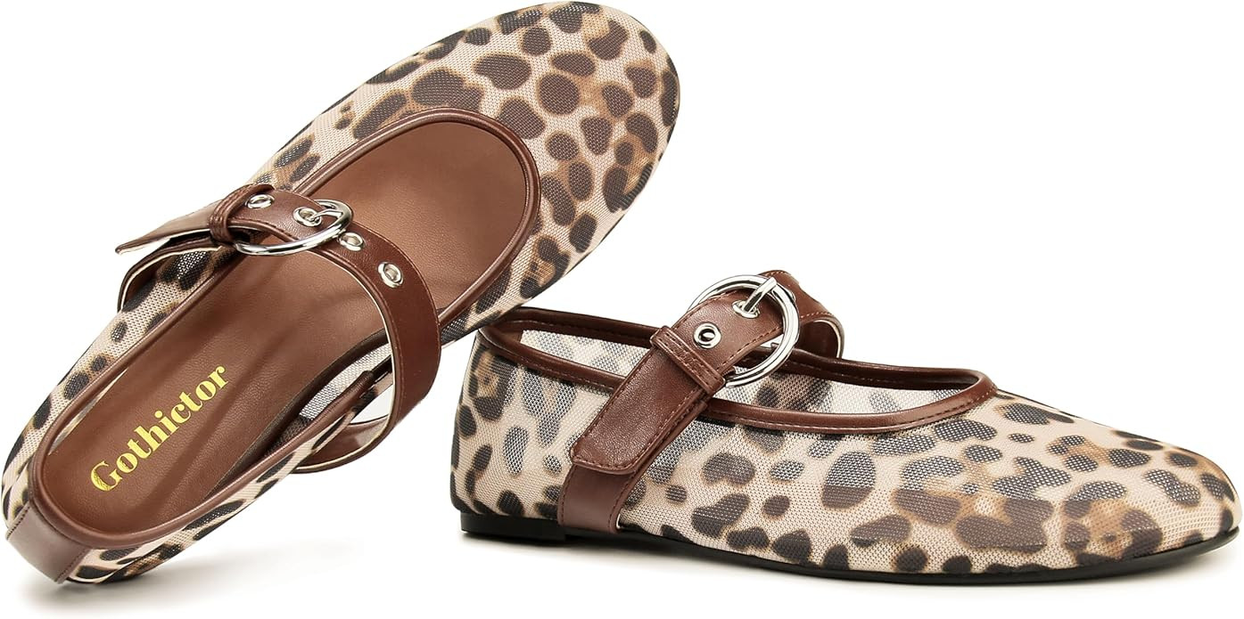 Gothictor Leopard Flats for Women Mesh Flats Ballet Flats Mary Jane Flats Women's Dress Shoes Bal... | Amazon (US)