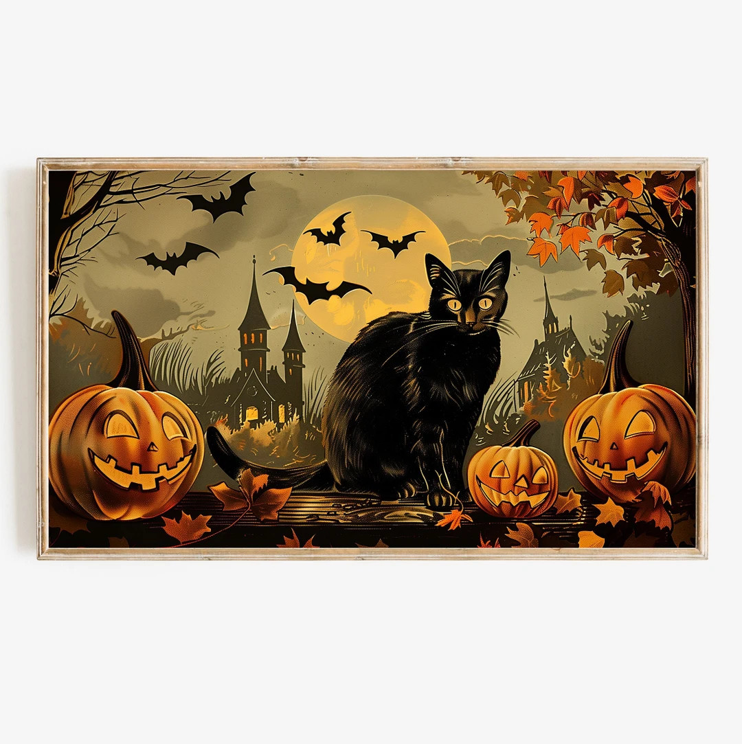 Halloween Frame Tv Art | Retro Black Cat Digital Download Art File | Vintage Classic Halloween Ca... | Etsy (US)