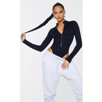 Black Contour Rib Zip Up Long Sleeve Bodysuit | PrettyLittleThing US