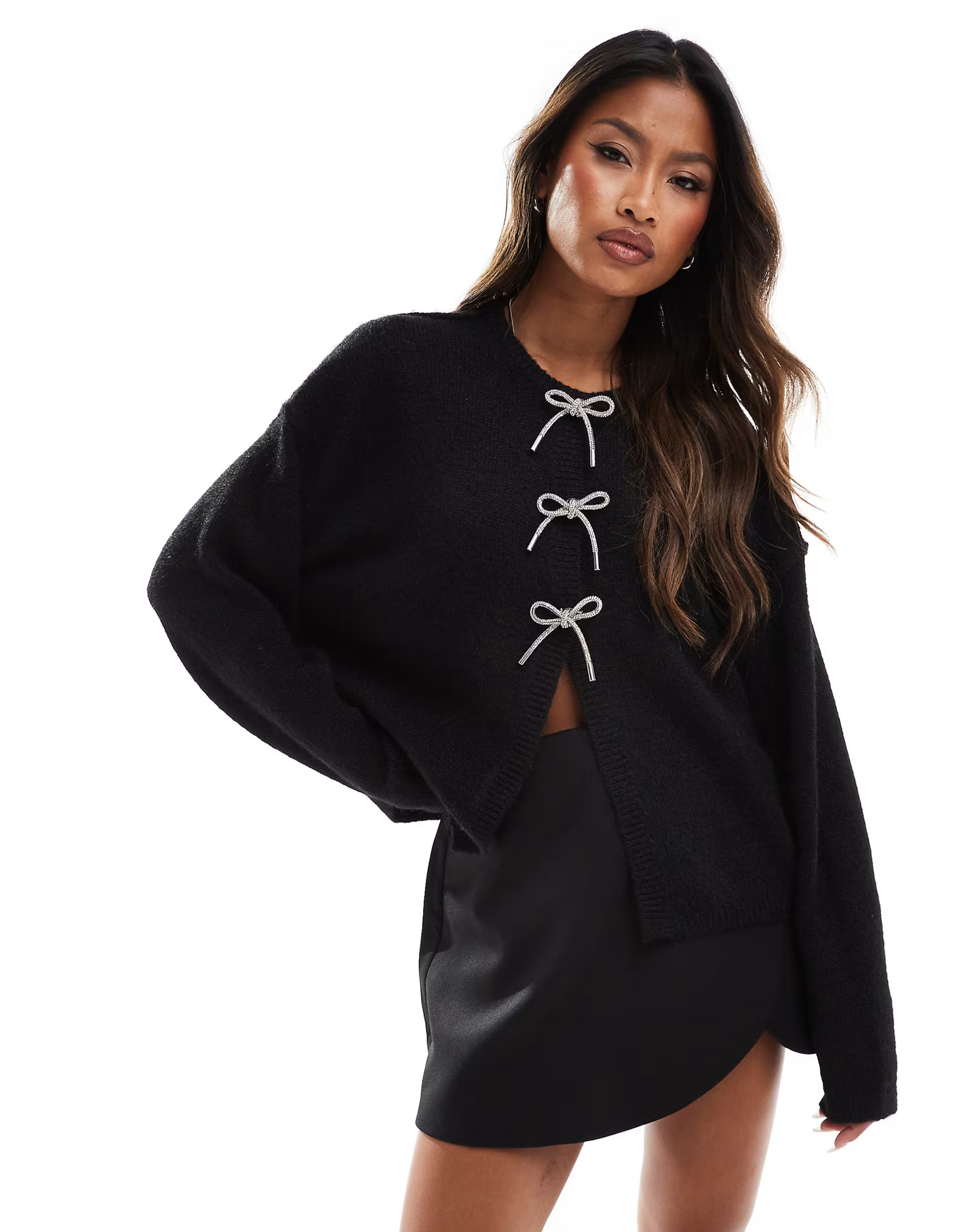 ASOS DESIGN v neck oversized cardigan with diamante bow buttons in black | ASOS (Global)