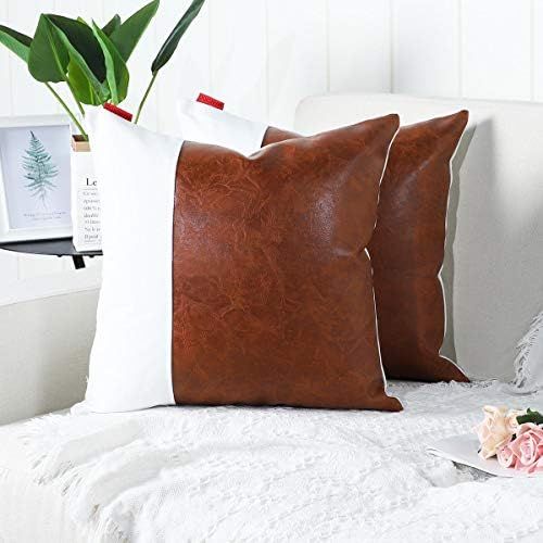 MANDIOO Set of 2 Luxury Boho Decorative Throw Pillow Covers Cushion Cases Faux Leather and Cotton... | Amazon (US)