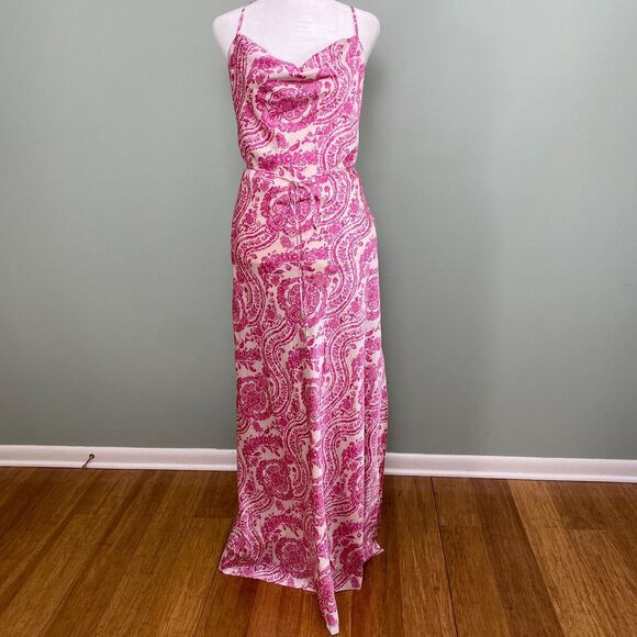 VICI Satin Maxi Dress Paisley Long Sleeveless Womens Large Pink Side Slit | Poshmark