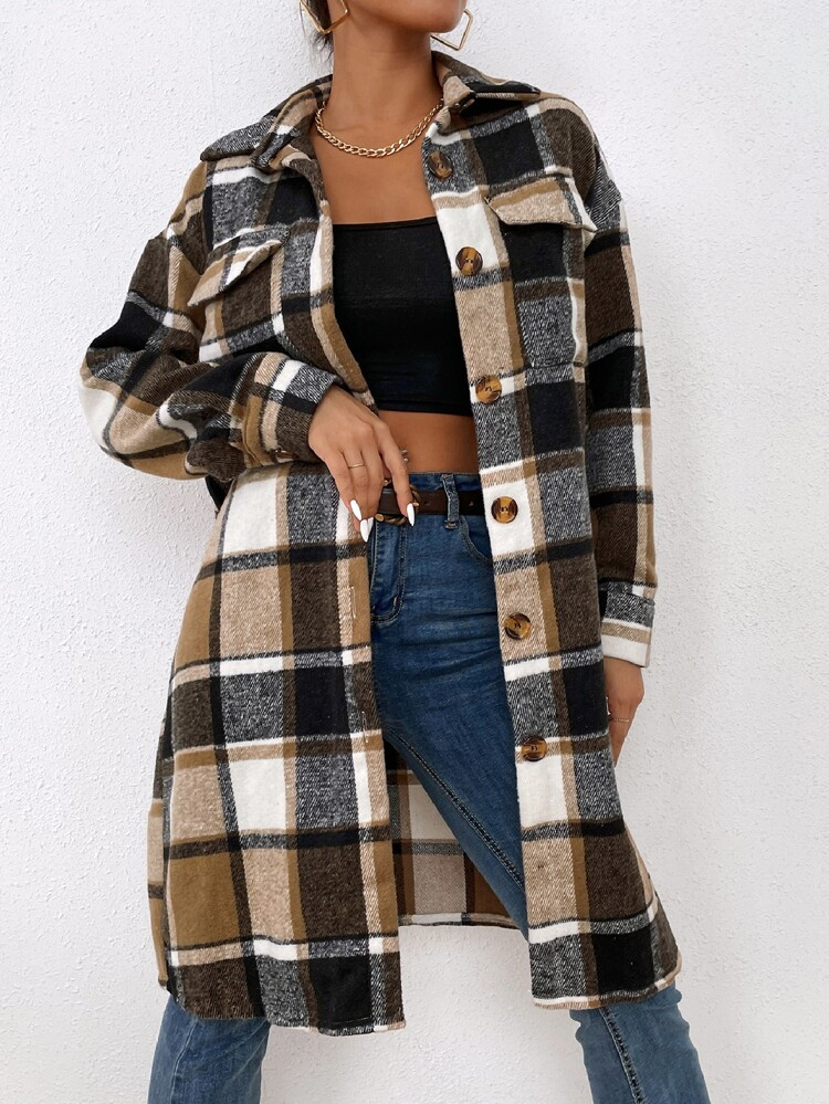 Plaid Flap Pocket Drop Shoulder Longline Coat | SHEIN