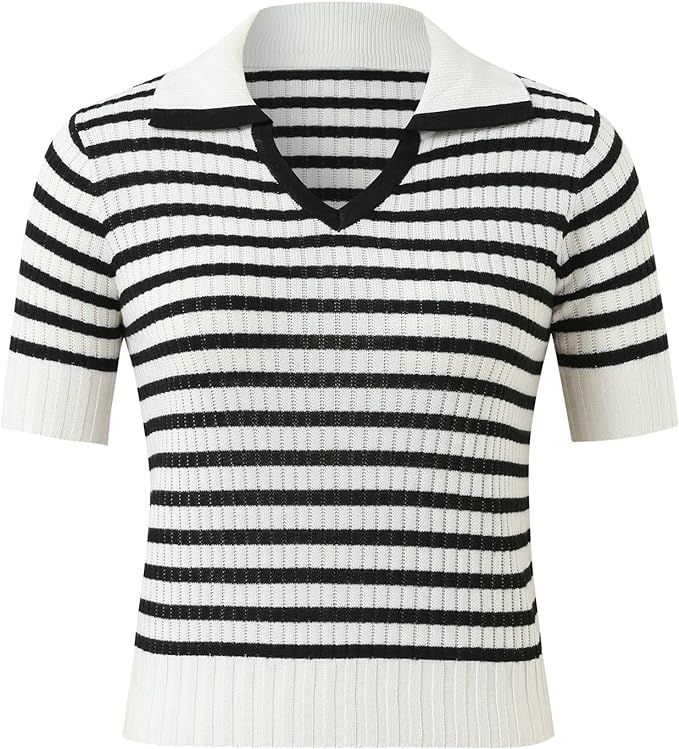 Women's Polo Collar Short Sleeve Ribbed T Shirt Stripe Ribbed Knit Tee Tops | Amazon (US)