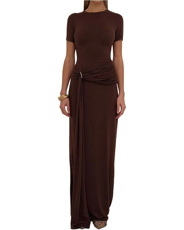 Milumia Women's Ring Tie Knot Bodycon Dress Crew Neck Short Sleeve Maxi Dresses | Amazon (US)