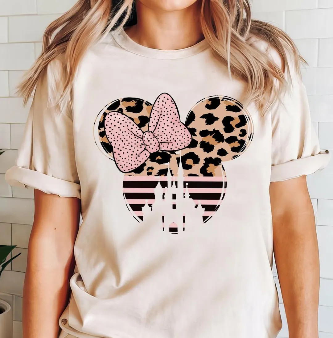 Leopard Minnie Castle Shirt, Disney Safari Chic Kids Shirt, Pink Animal Print Minnie Bow Tee, Dis... | Etsy (US)