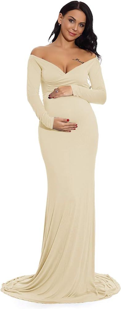 ZIUMUDY Maternity Off Shoulder Photo Shoot Photography Dress Solid Color Baby Shower Dress | Amazon (US)