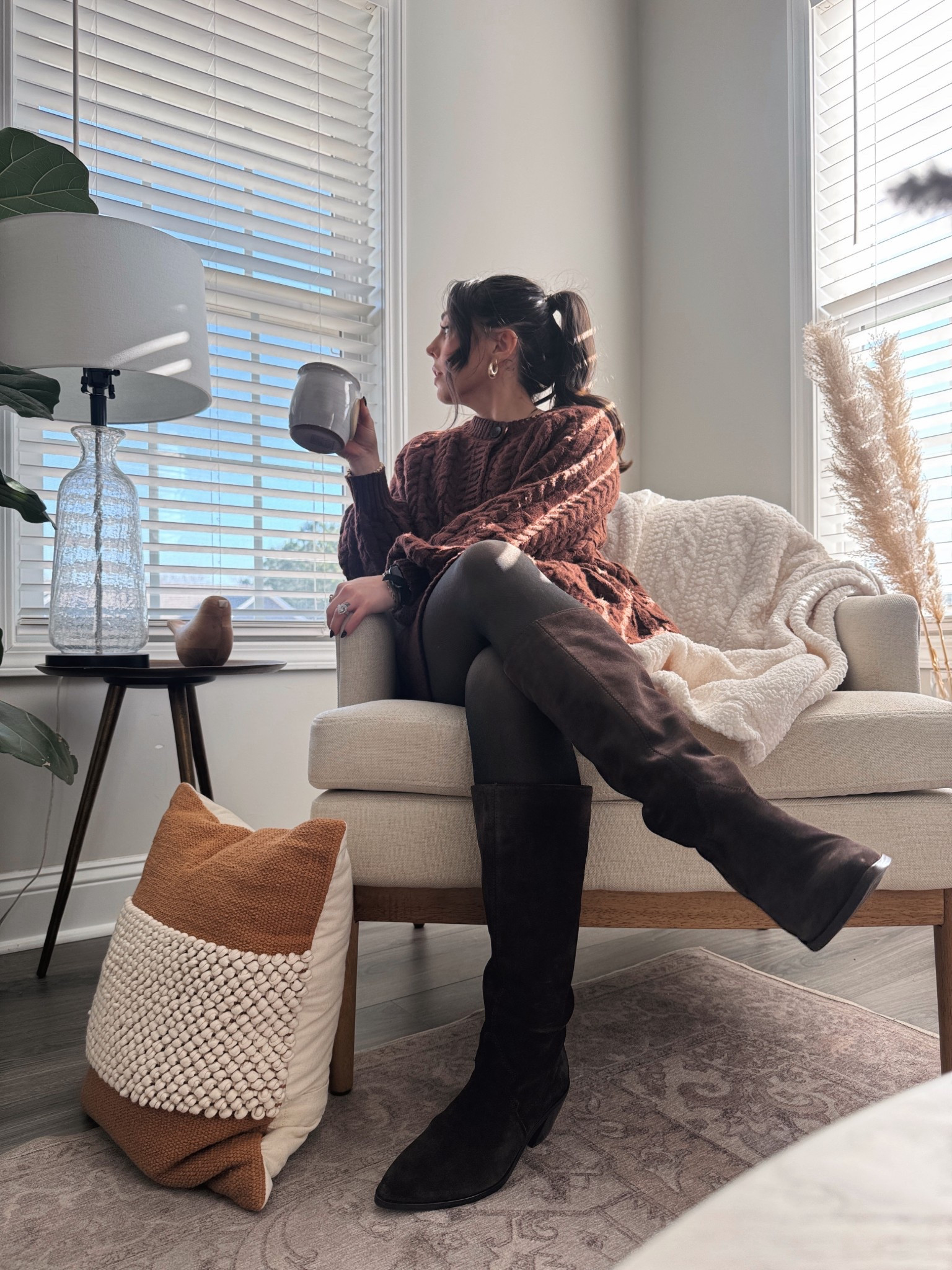 I’m 5’0” and 115lbs. I’m wearing a size small in the sweater dress (runs oversized so I would order your usual size of size down depending on how you want it to fit). Boots are TTS. Fleece panty hose runs slightly big. I ordered an XS  