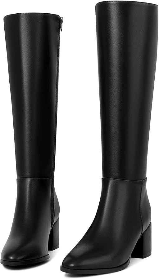 Chunky Heel Knee High Boots for Women with Round Toe Side Zipper Tall Boots | Amazon (US)