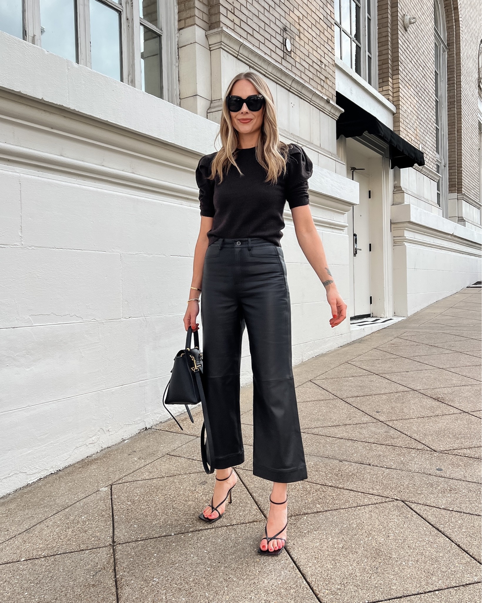 Fashion Jackson wearing brown puff sleeve sweater, leather pants, strapy  heeled sandals, #nordstrom #fallfashion 

#LTKstyletip #LTKshoecrush #LTKworkwear