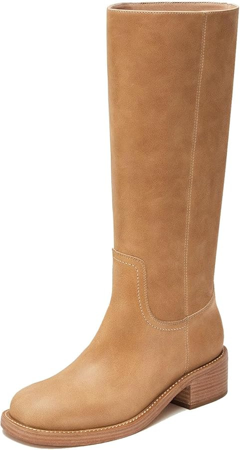 Womens Banana Knee High Boots Square Toe Comfortable Campus Boots Block Heel Riding Boots Wide Ca... | Amazon (US)