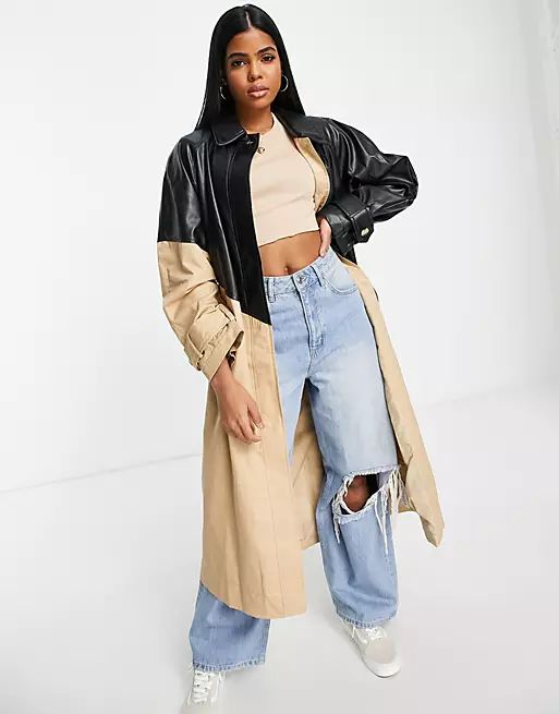 ASOS DESIGN faux leather spliced trench in stone | ASOS (Global)